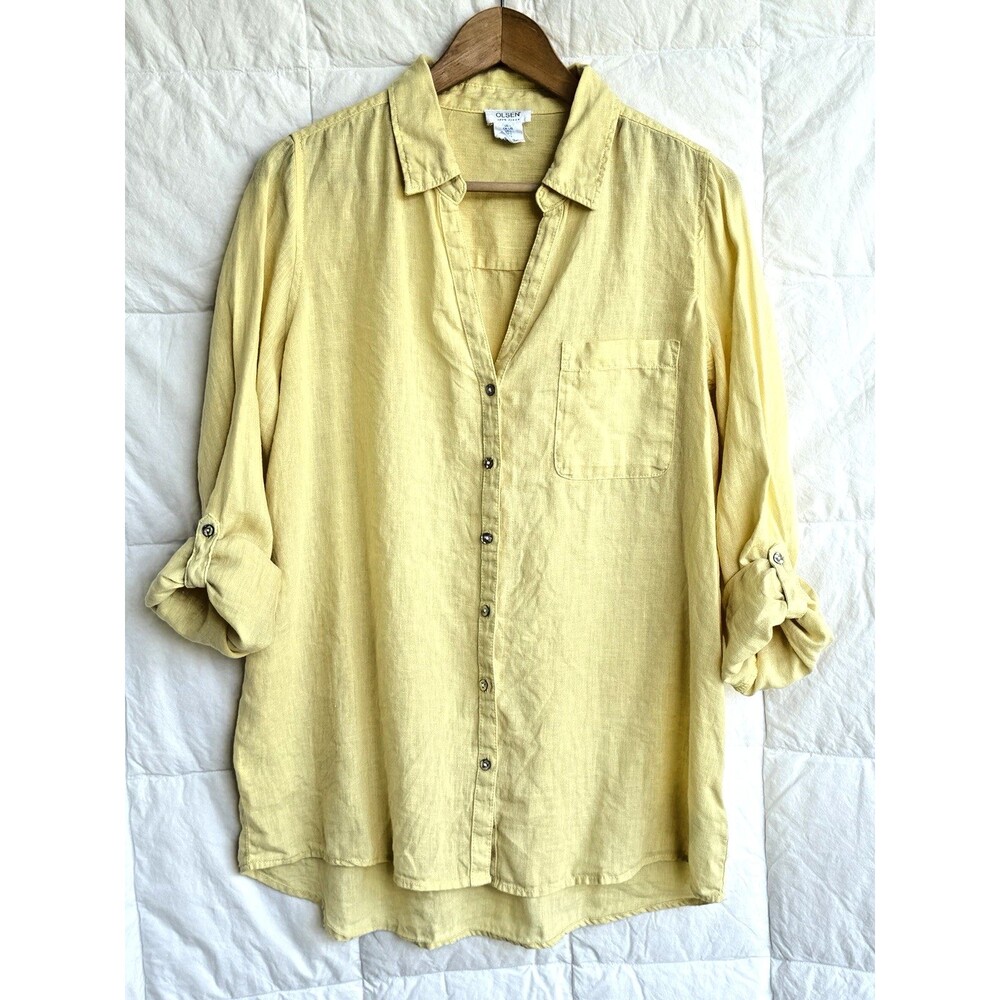 Sigrid Olsen Yellow Linen Roll Sleeve Tunic Pocket Oversized MOP Button's Size L